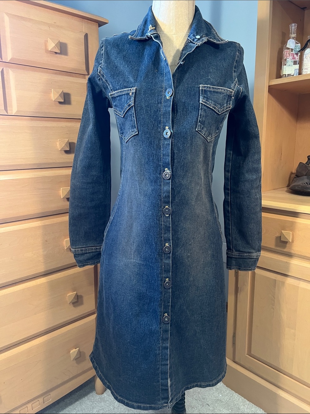 Classic Dark Blue Denim Button-Front Women's Dress